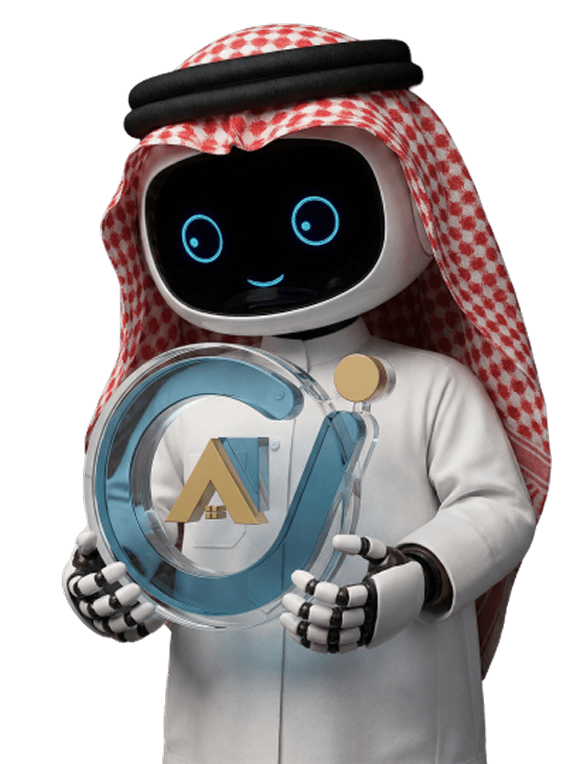  Mazaya Integrated Computer Solutions robot wearing the thobe, ghutra, and agal, holding the Mazaya Aqar system logo.