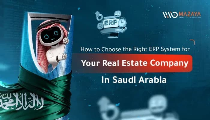 Mazaya robot looking out from Riyadh Kingdom Tower near an ERP icon, illustrating real estate ERP selection in KSA.