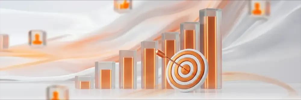 Advertising banner representing business growth and goal achievement with 3D graphics of ascending bar charts and a target with an arrow