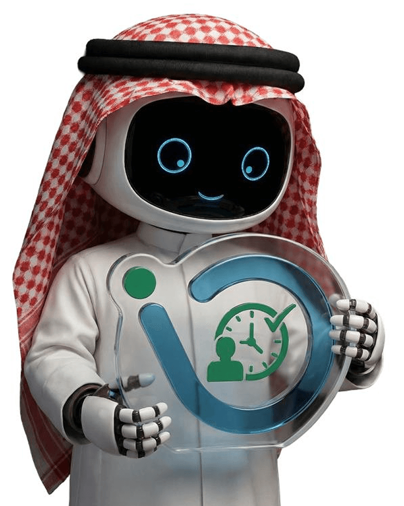 Mazaya Integrated Computer Solutions robot wearing the thobe, ghutra, and agal, holding the Mazaya Attendance system logo.