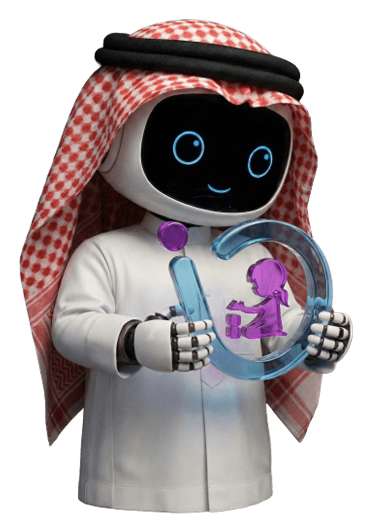 Mazaya Integrated Computer Solutions robot wearing the thobe, ghutra, and agal, holding the Mazaya Rawdah system logo.
