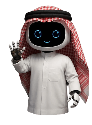 An intelligent robot wearing traditional Saudi attire (thobe and shmagh) smiling and waving to welcome visitors.