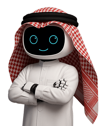 An intelligent robot wearing traditional Saudi attire (shmagh and agal) representing the automation and digital transformation solutions by Mazaya Integrated Solutions.