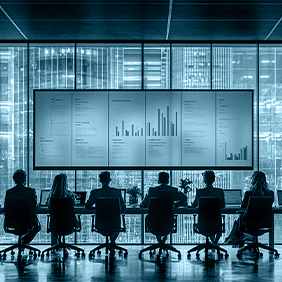 A group of people seated around a conference table using mazaya board meeting management system