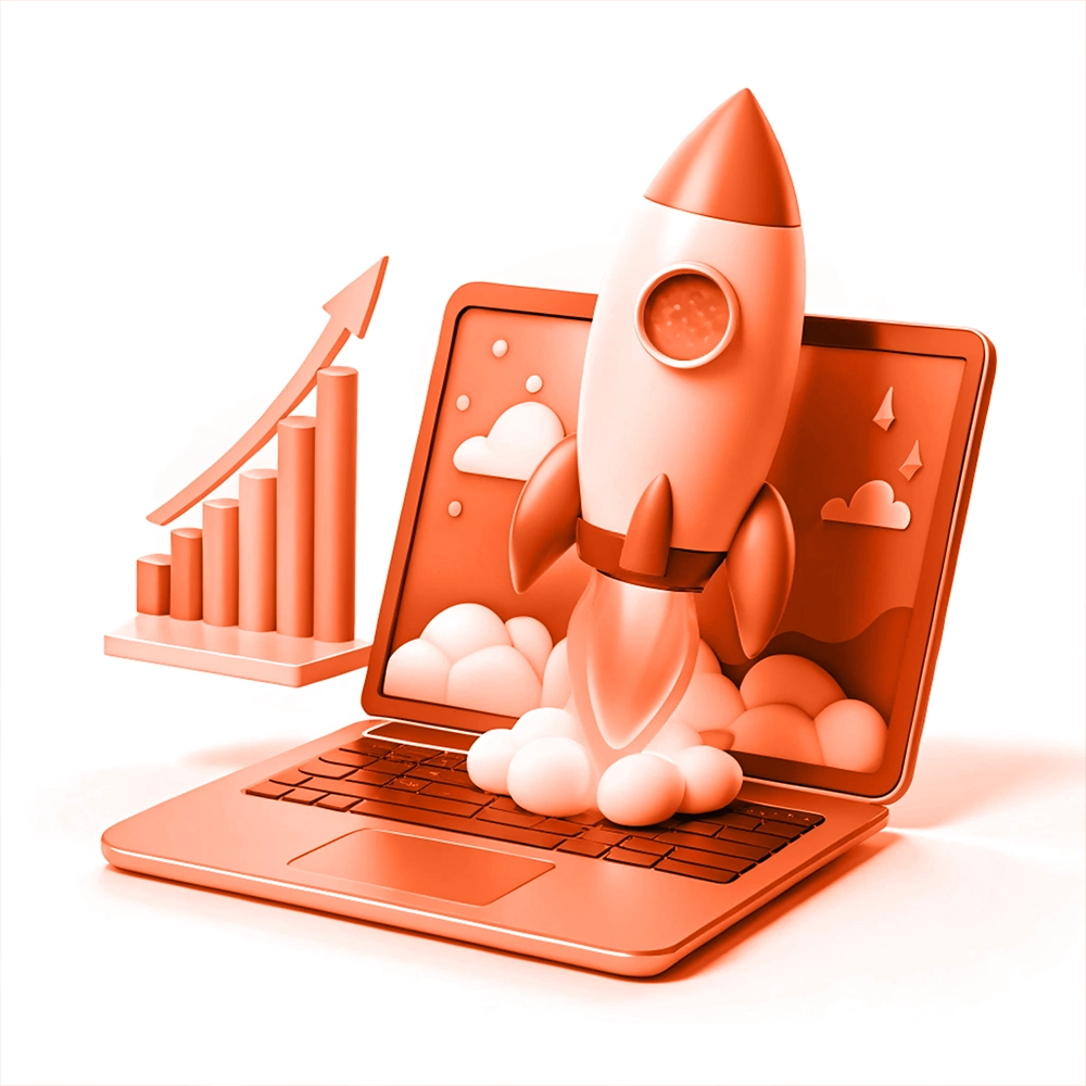 Laptop with rocket symbolizing fast website growth and strong SEO performance in digital marketing.