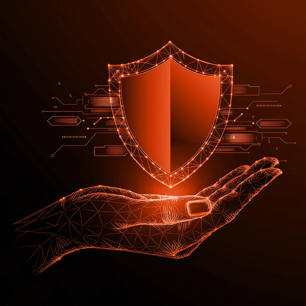 Cyber security company hand and shield icon for secure access and protection.